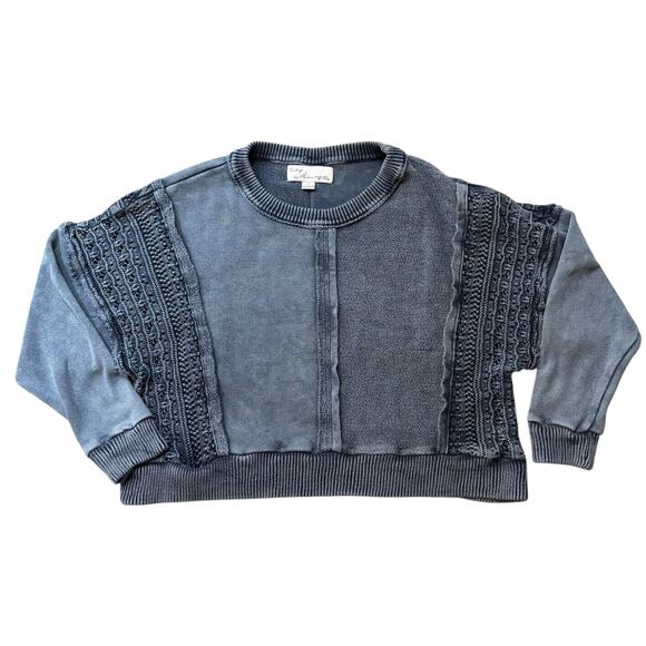 Vintage Havana Crochet Sleeve Distressed Blue Sweatshirt Small Crew Cropped - Picture 1 of 8